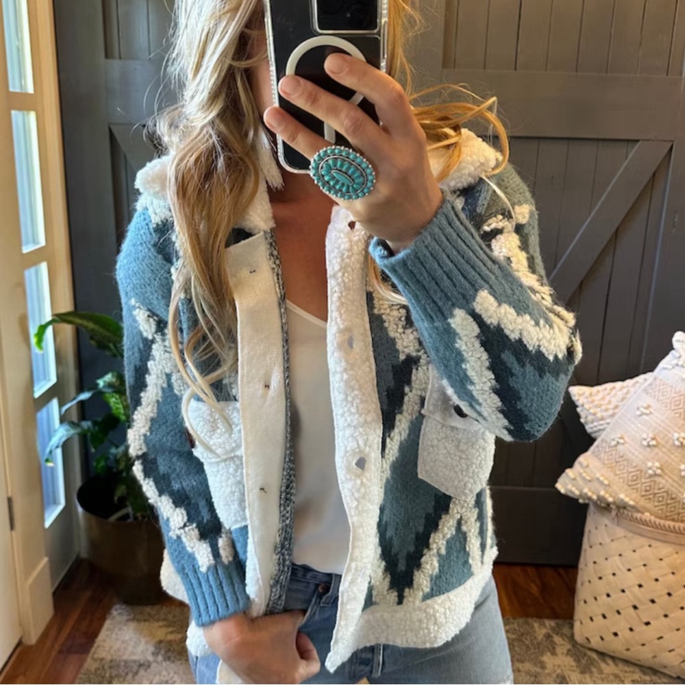 New Quilted Cardigan Sweater Coat / Women's Shacket Blue Western Boho Jacket - Picture 2 of 7